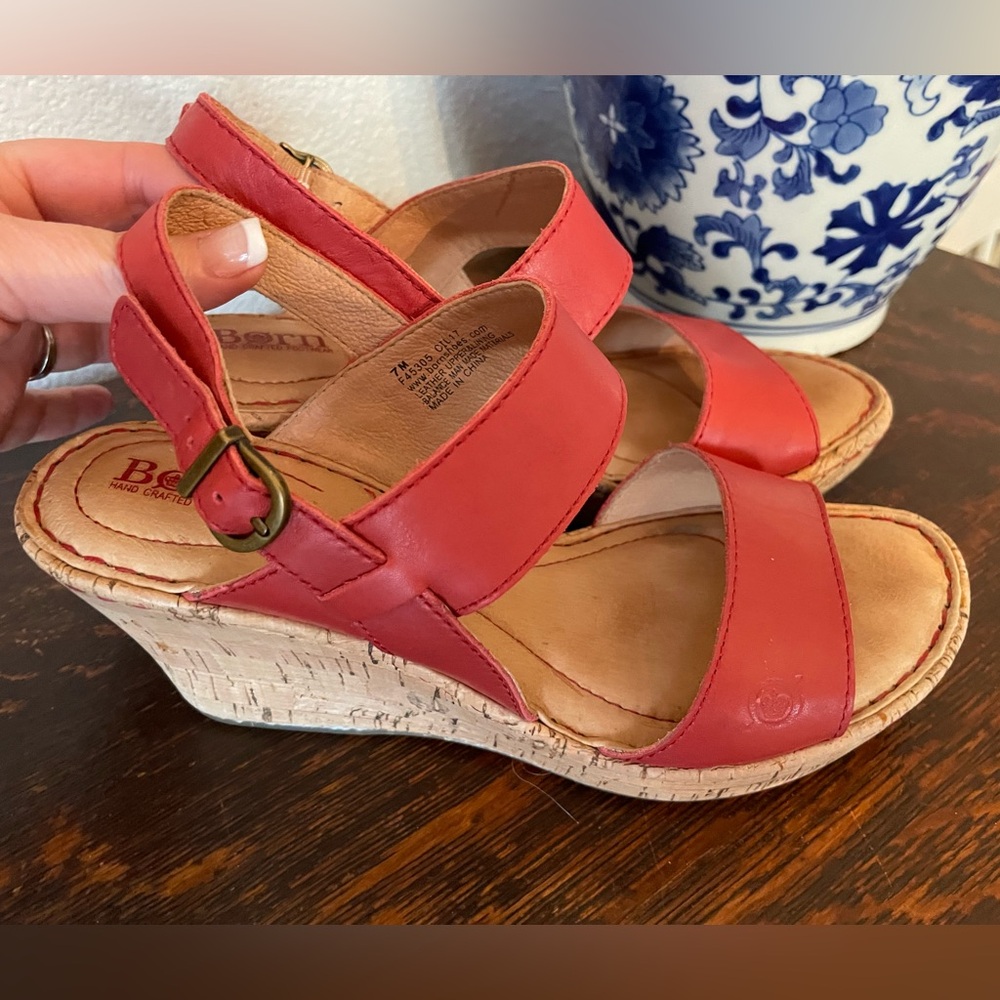 BORN Cherry Red Leather Cork Platform Wedge Sandals Size 7